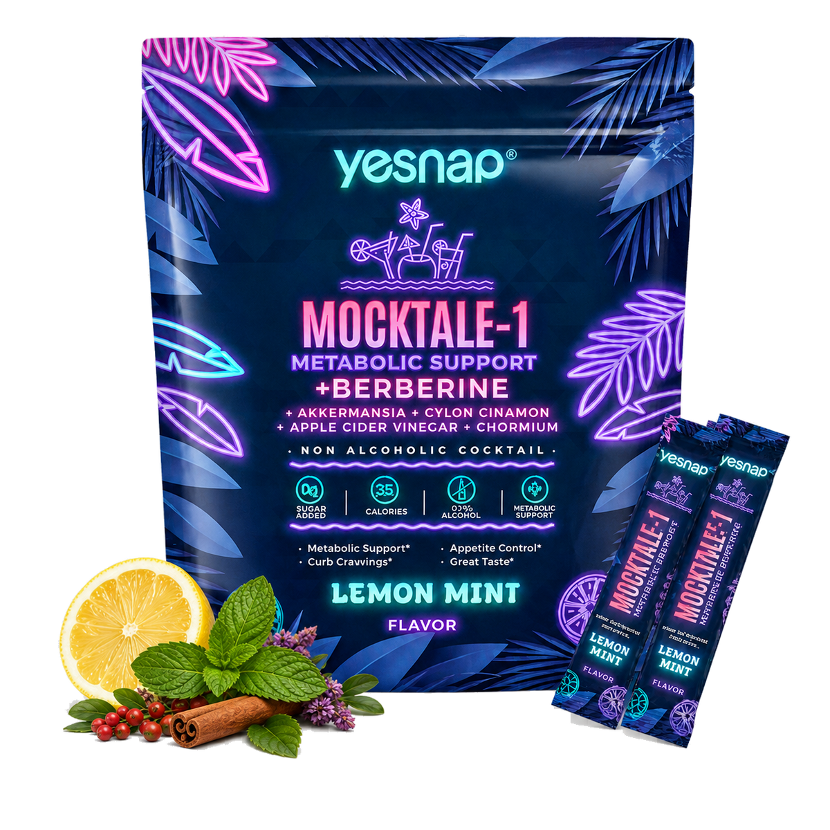 MOCKTALE-1 Metabolic Support with Berberine & Akkermansia, Chromium, CeylonCinnamon, AppleCiderVinegar-30 Packets Lemon Mint Flavor Non-Alcoholic Cocktail