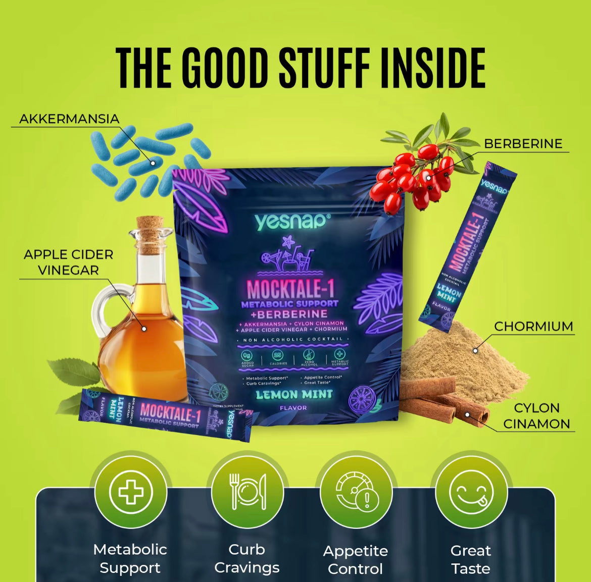 MOCKTALE-1 Metabolic Support with Berberine & Akkermansia, Chromium, CeylonCinnamon, AppleCiderVinegar-30 Packets Lemon Mint Flavor Non-Alcoholic Cocktail