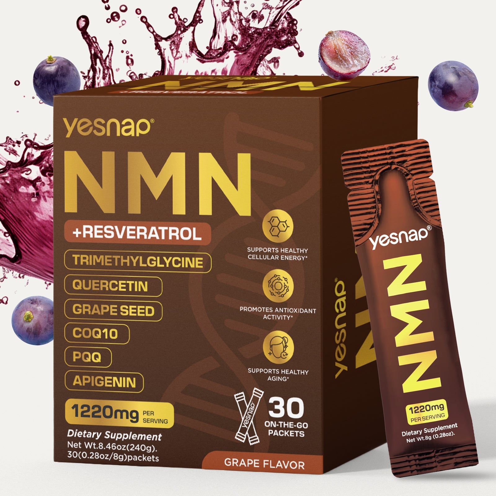 YESNAP NMN + Resveratrol 1,220mg | 8-in-1 Energy & Shape Support | 30 Packets