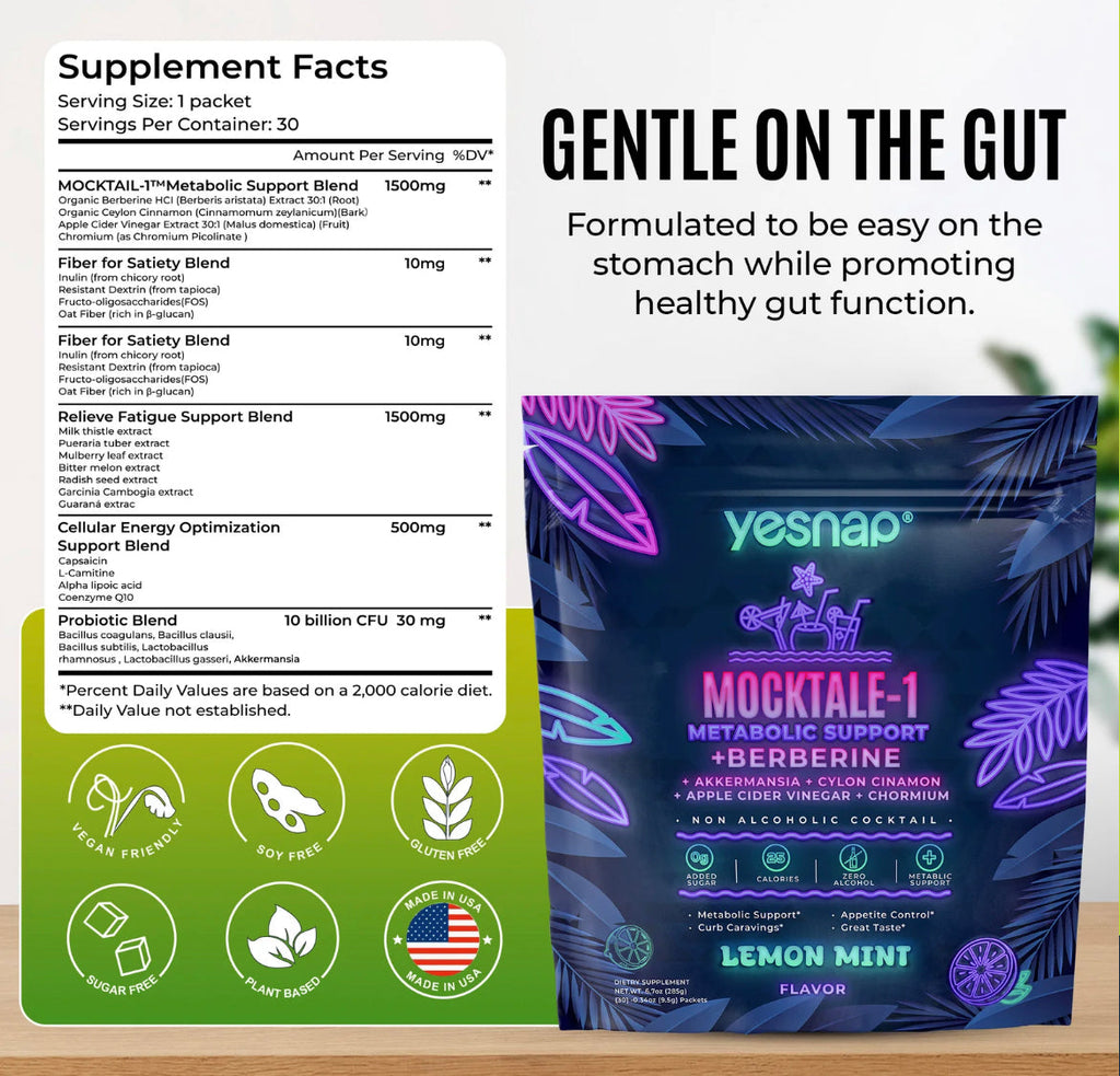 MOCKTALE-1 Metabolic Support with Berberine & Akkermansia, Chromium, CeylonCinnamon, AppleCiderVinegar-30 Packets Lemon Mint Flavor Non-Alcoholic Cocktail