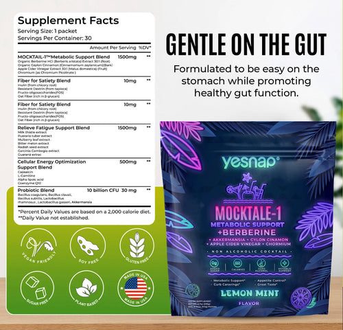MOCKTALE-1 Metabolic Support with Berberine & Akkermansia, Chromium, CeylonCinnamon, AppleCiderVinegar-30 Packets Lemon Mint Flavor Non-Alcoholic Cocktail