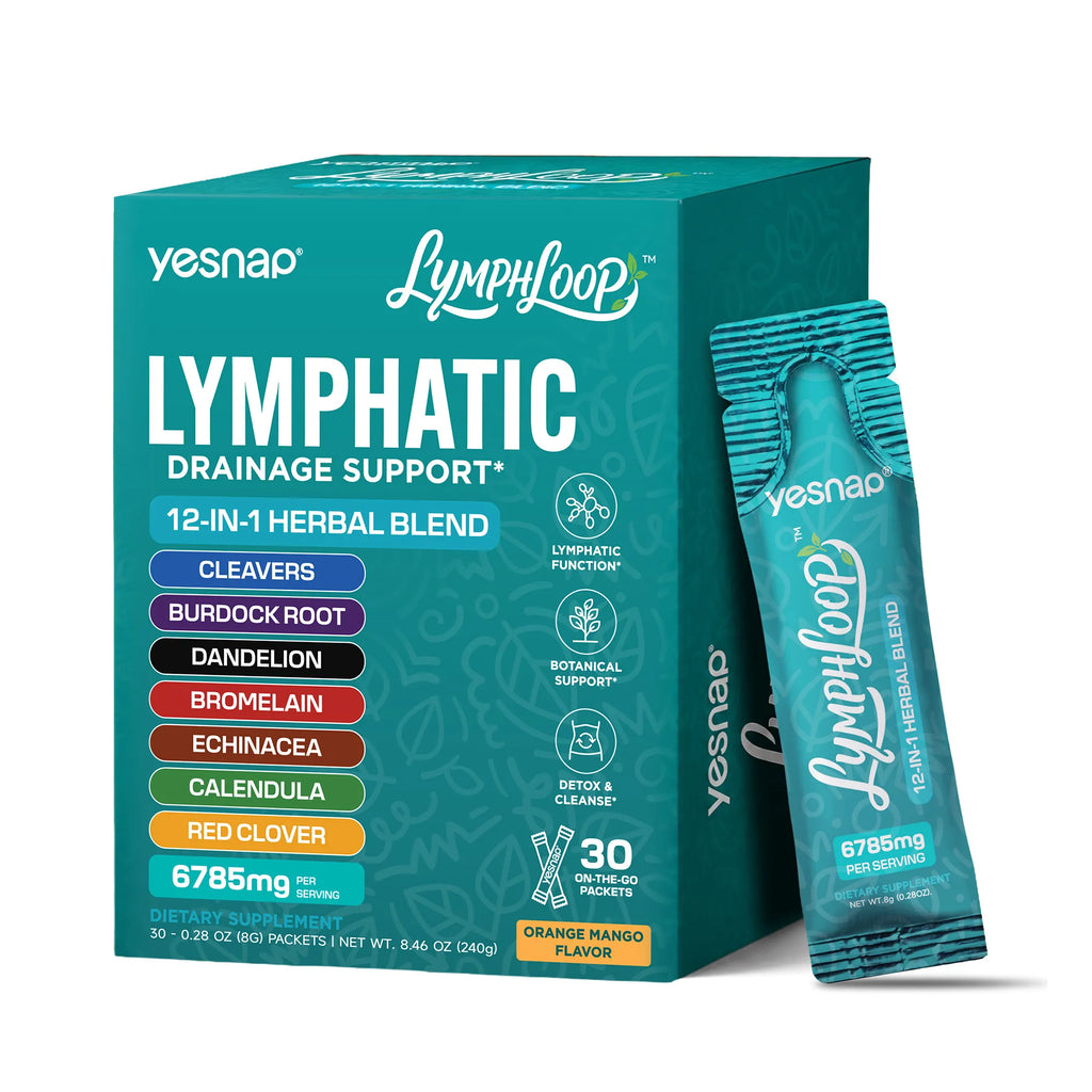 YESNAP Lymphatic Drainage & Debloat Drink – 12-in-1 Herbal Support, Orange Mango, 30 Stick Packs