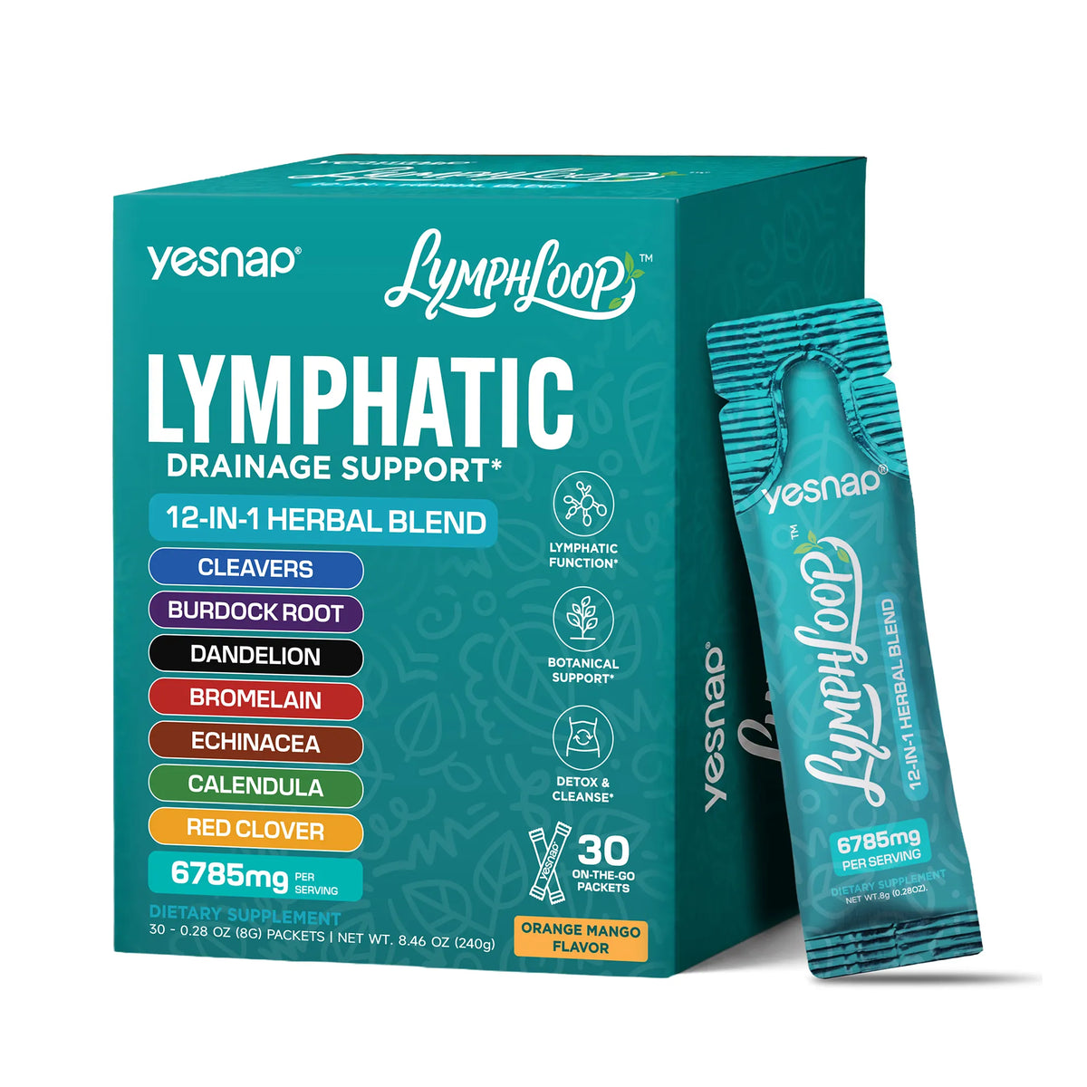 YESNAP Lymphatic Drainage & Debloat Drink – 12-in-1 Herbal Support, Orange Mango, 30 Stick Packs